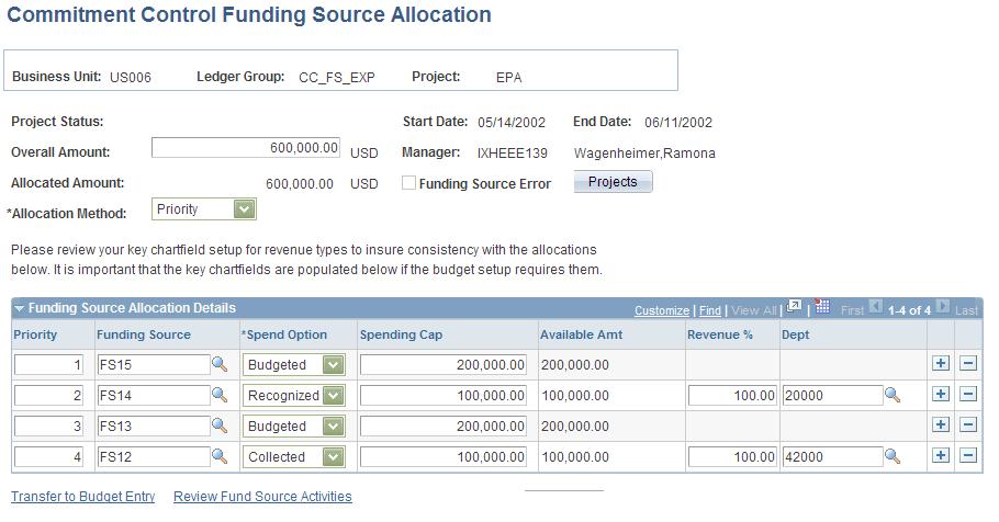 Chapter 3 Setting Up Basic Commitment Control Options Allocating Funding Sources Access the Commitment Control Funding Source Allocation page (Commitment Control, Define