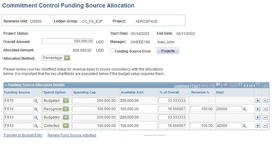 Setting Up Basic Commitment Control Options Chapter 3 Commitment Control Funding Source Allocation page for percentage allocation (2 of 2) Note.