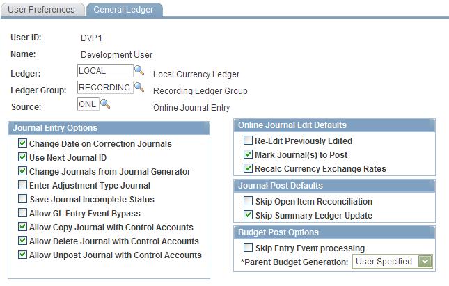 Chapter 7 Entering and Posting Commitment Control Budget Journals User Preferences - General Ledger page (Budget Post Options) Setting Budget Post Options After you have the necessary security access
