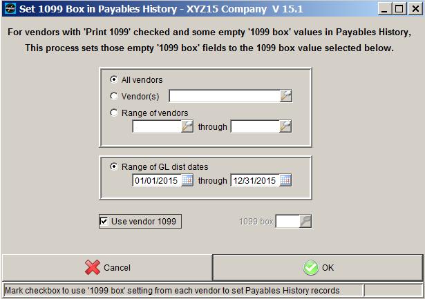 5 If Vendor changes are made, run Set 1099 Box in Payables History program: Vendor 1099 data is generated from Payables History.