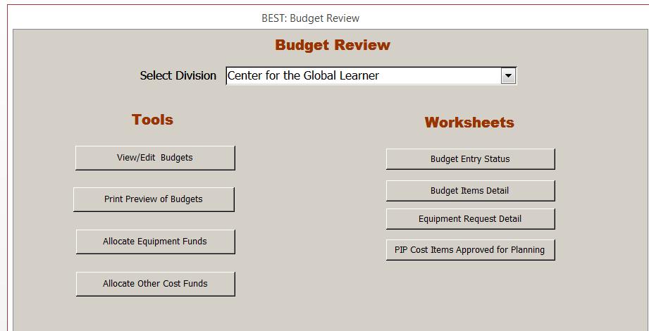 Directions for Division Heads The worksheets area of the Budget Entry System has been revised to reflect the new manner in which budgets are processed.