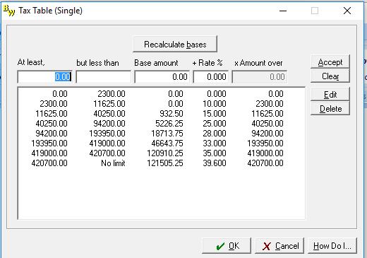 Adjust Federal Wage Limitations (continued) 7) In the Single Tax Table, select the first line in the table, and then click the Delete button.