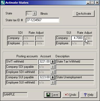 Change SUI Rate in Activate States (continued) 2) When the Activate States screen appears, type IL in the State field and then tab to the next field. Your state information will now appear.