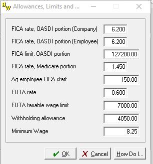 3) Make sure the FICA rate for both Company and Employee = 6.200. The FICA Limit, OASDI portion is 127,200.00. Set the Withholding Allowance to 4050.00. Make sure the FUTA rate = 0.600.