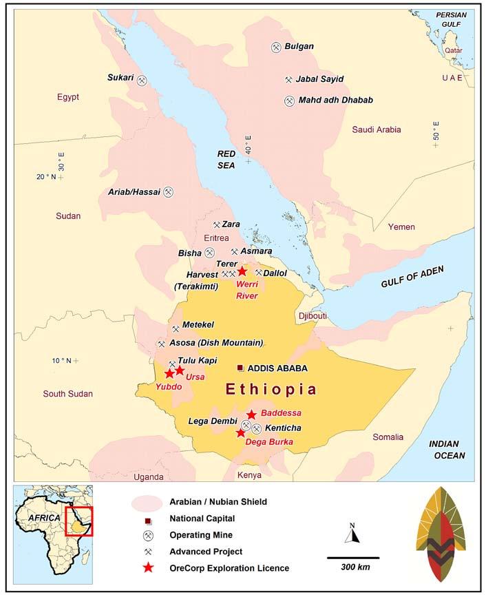 Ethiopia Untapped Potential Licences located in the Arabian Nubian Shield Three granted and two pending (Baddessa & Dega Burka) Licences