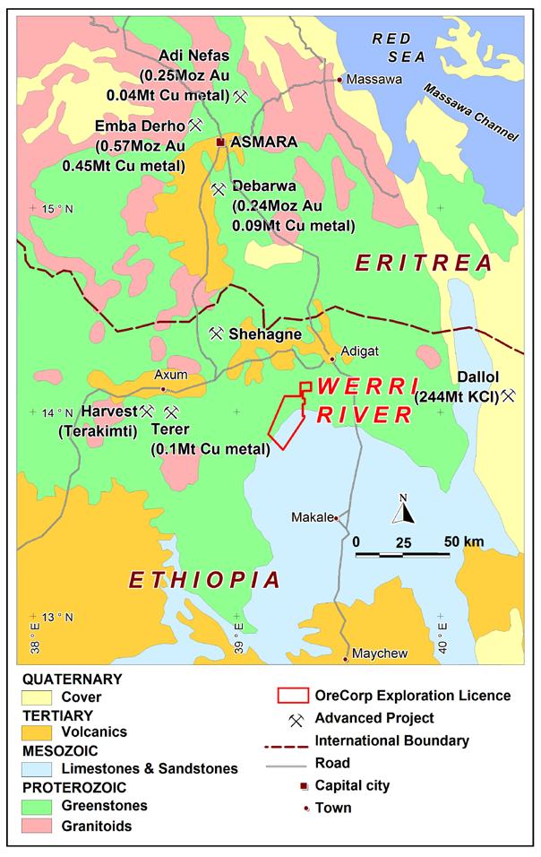 Werri River ~70 km east of Tigray Resources Harvest Project 357 km 2 of interpreted extensions of Eritrean gold-rich
