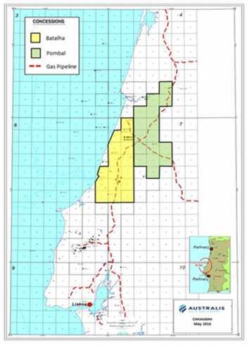 Figure 2: Overview of the Batalha and Pombal Concessions in the Lusitanian Basin Australis has purchased from the Portuguese Government, at nominal cost, aeromagnetic data interpretation study,