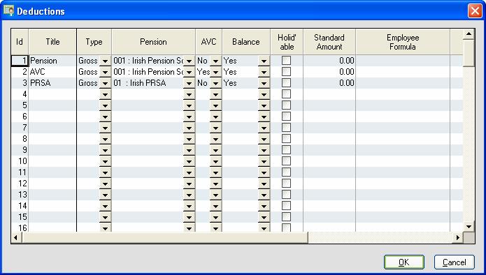 Fig 2: Example setup of Pension, PRSA and AVC. 5. Click OK when the details are complete.