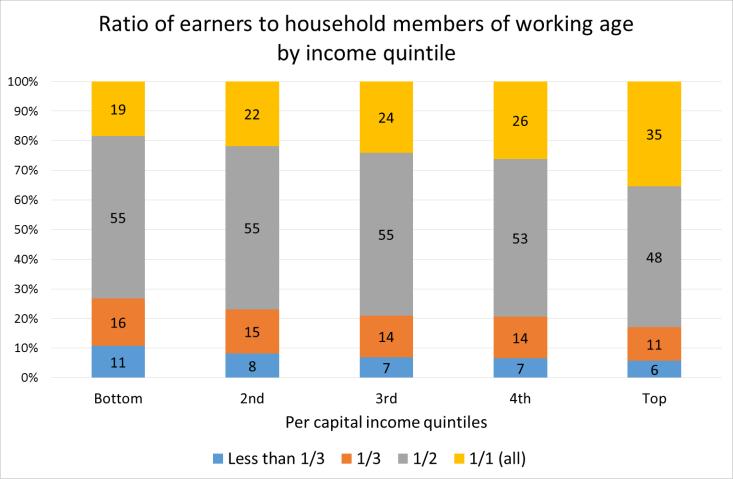 Poor households are seldom jobless. In poor households, most family members of working age are usually employed. Poverty is associated with joblessness in only a fraction of poor households.