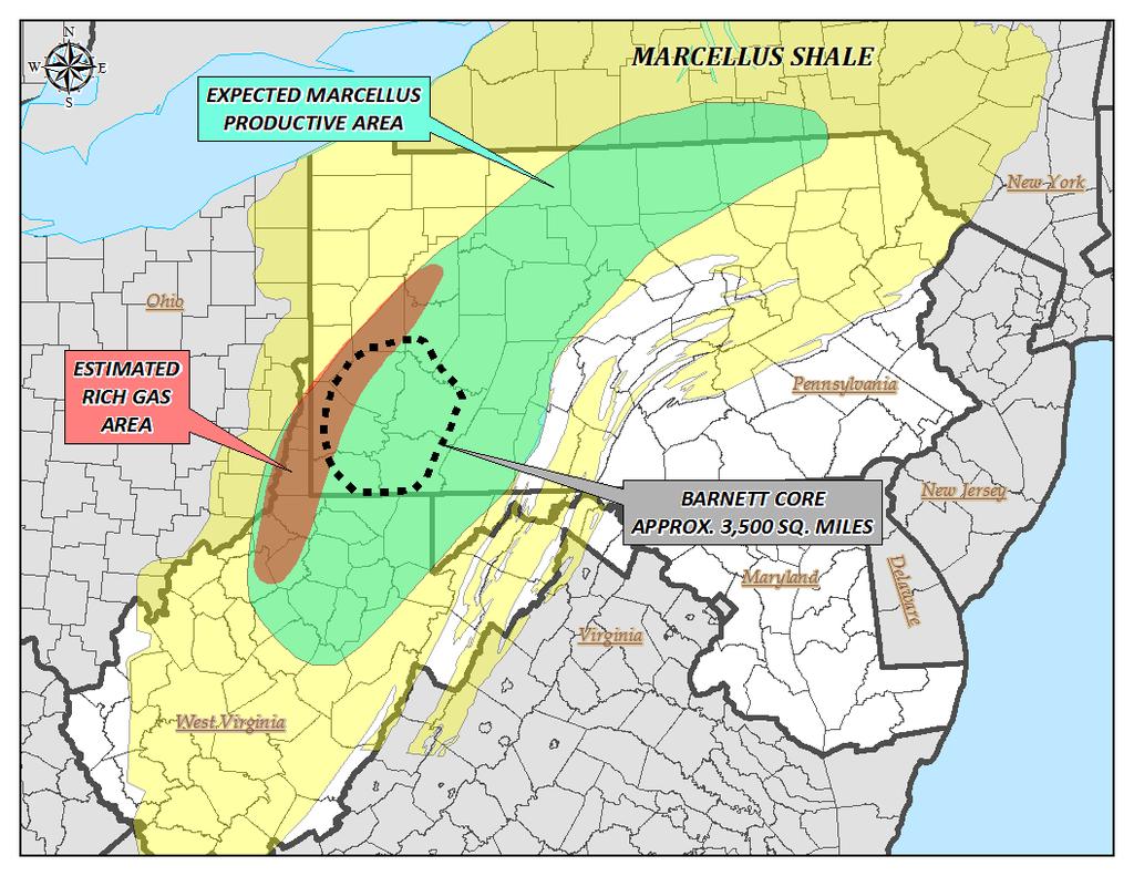 + Marcellus Overview: Rich Acreage Producers & capital shifting focus to liquids-rich areas: Eagle Ford, Woodford-Cana, & Marcellus Rich acreage in Marcellus is 3,000-5,000 sq.
