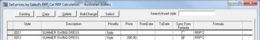 Styles can be added to the Price Scheme by using the Search / insert style Search. This inserts one Style at a time. To select many Styles click Select and use the Style Query to find Styles.