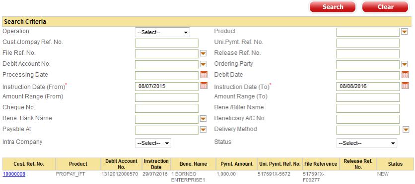 TRANSACTION ENQUIRY Page 34 from 36 Below steps continued from the previous page: Key in any details of transaction(s). Snapshot shows example of transaction details. 3 Click on the Search button.