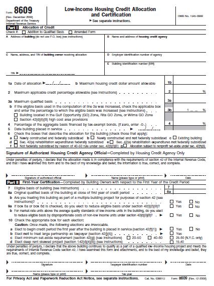 Tour of Form 8609 State Agencies State HFA s are used by the IRS to fulfill the following functions: IRS Reg 1.42-17 & -5 Rev.Proc. 2001-52 1. THE HFA allocates the credits.