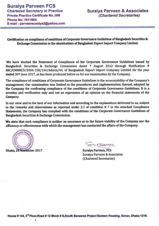 CERTIFICATE ON COMPLIANCE OF CORPORATE GOVERNANCE GUIDELINES