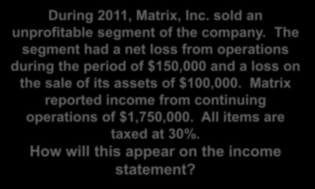 Discontinued Operations During 2011, Matrix, Inc. sold an unprofitable segment of the company.