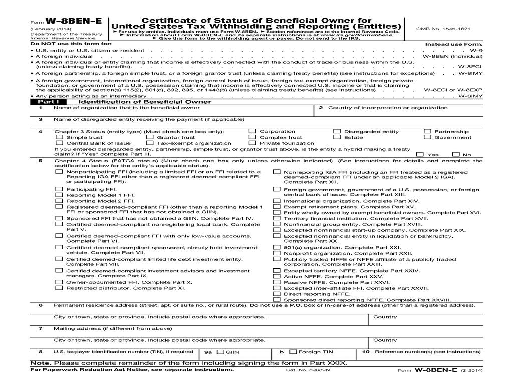 Form W-8BEN-E [Used by Entities] Part I, Line 5, FATCA