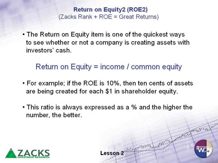 Lesson Two Beyond the Zacks Rank Return on Equity2 (ROE2) Zacks Rank + ROE = Great Returns The Return on Equity2 strategy uses the Return on Equity measure (or ROE) as one of the main components