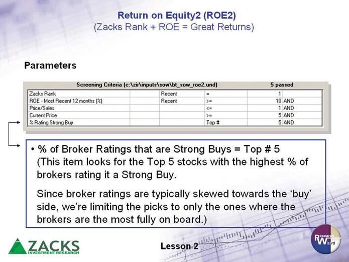 Zacks Method for Trading: Home Study Course Workbook Exercise 2.6: The Strategy Return on Equity2 (ROE2) Follow along with the procedure on the DVD presentation. Refer to the parameters listed below.