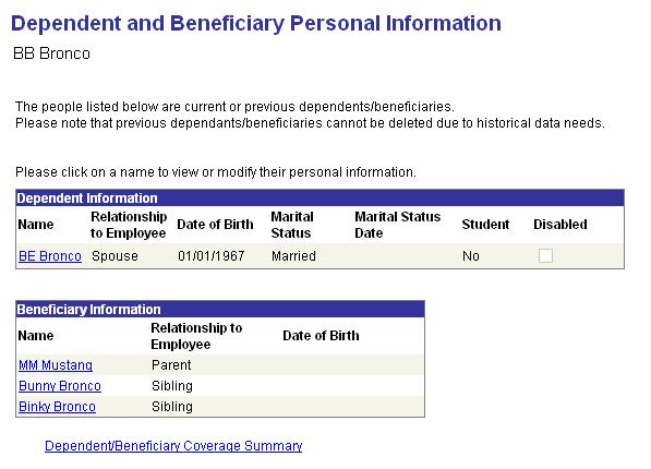 DEPENDENT AND BENEFICIARY PERSONAL INFORMATION This panel shows your current (active) and previous (inactive) dependents and beneficiaries.