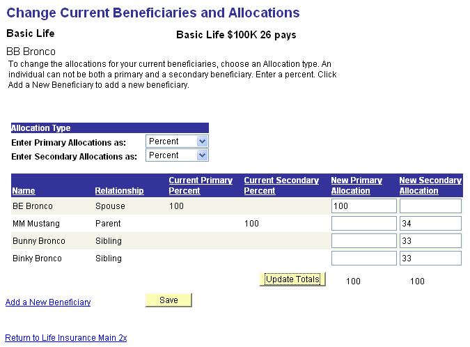 Enter allocations in boxes STEP 5 (Re) Enter the allocation/percent for ALL of your beneficiaries o Both Primary AND Secondary allocations Allocation totals must equal 100 o Click the Update Totals