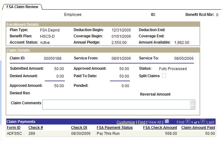 The new claim: Note: The FSA Check amount for the 8/30/2006 row includes both the
