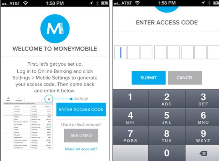 Open up MoneyMobile on your device, tap on "ENTER ACCESS