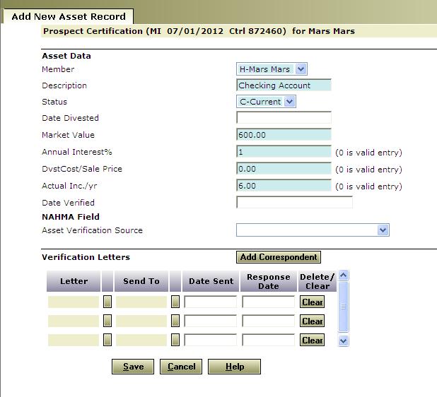 The Add New Asset Record screen appears. Complete the following fields in the Asset Data section: Member Choose the family member responsible for the asset.