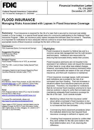 FDIC Financial Institution Letter Summary: Flood insurance is required for the life of a loan that is secured by improved real estate located, or to be located, in a special flood hazard area of a