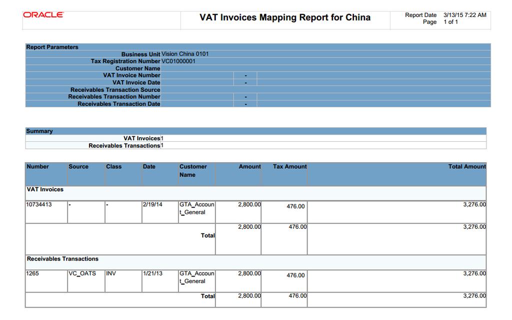 Golden Tax Transaction Consolidation Detail Report for China Golden Tax Transaction Consolidation Detail Report for China provides the mappings between parent consolidation Golden Tax Adaptor