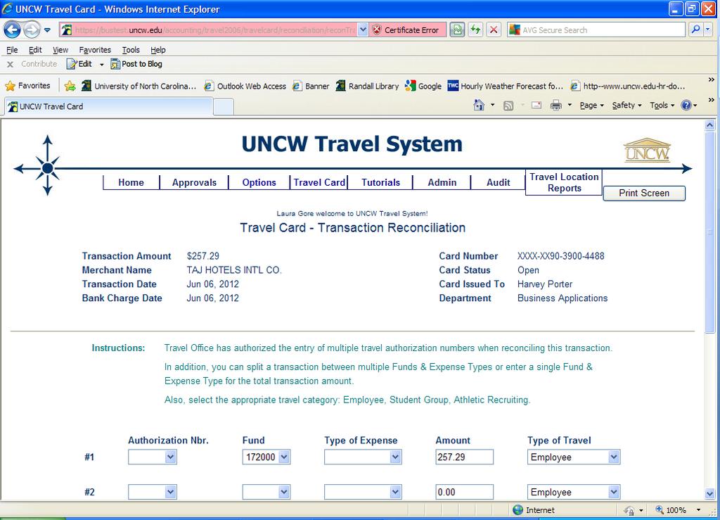 11. A screen will come up where you will verify the Travel Number, Fund, Type of Expense (Airfare, Registration, Lodging or Rental Car),