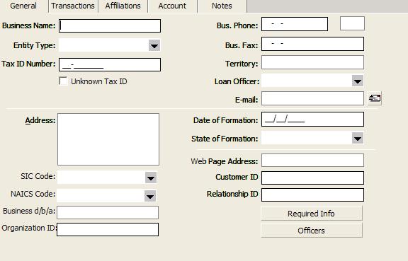 Add a Business 1. Click on the General tab. 2. Click the New icon in the Relationships module. 3. Choose Business. 4. Complete the General Page. Click Save.
