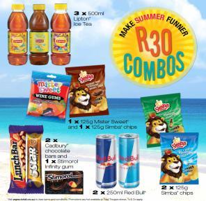5l Still or Sparkling Water 1 x 350ml Fruitree + 36g Simba 2 x 330ml Coca Cola 5 Prizes R30 Combos 1 Associated companies Total South Africa (Pty) Ltd Simba Tiger brands Mondelez Clover Mister Sweets