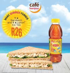 Participating Products 1 x 500ml Lipton Ice tea + Sandwich ( Café Bonjour @ R26 Prizes WINNER SELECTION/ PRIZE GIVING Special Terms and Conditions applicable to Promotional Competition Customers will