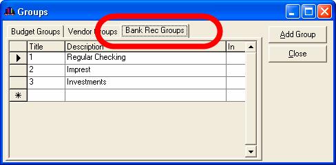 2. Enter the New Bank Rec Groups. Data EntryGroupsBank Rec Groups tab Click Add Group to add all the Bank Rec Groups needed. See the examples in Step 1.