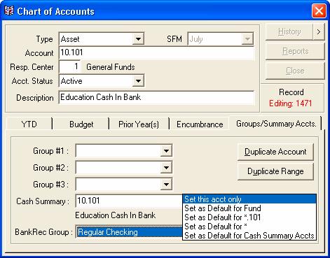 Note: This list of options is displayed only when the field is blank before selecting a Bank Rec Group.
