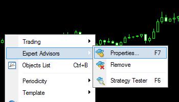 4) To change the EA properties, right-click on the chart and choose Expert Advisors Properties.