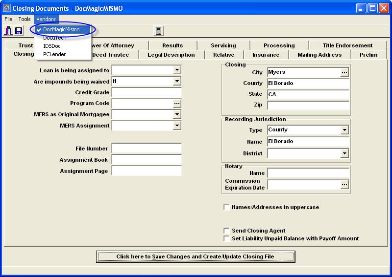 This will display the Closing Documents input screen. Figure 3-3 Note: If DocMagicMISMO does not appear in the Title Bar of the dialog, simply select DocMagicMISMO from the Vendors menu. 3.1.