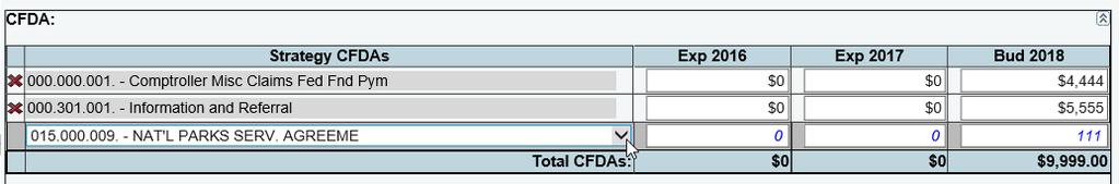 The system will not save the data unless you have entered at least one amount for the CFDA. Repeat the steps above to add as many CFDAs as needed.
