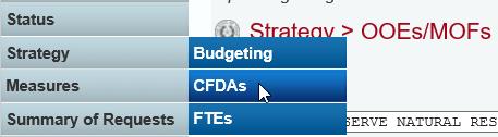 CFDA SUBMENU To navigate directly to the Strategy > CFDAs data entry screen, click the Strategy menu and CFDAs submenu, as shown below.