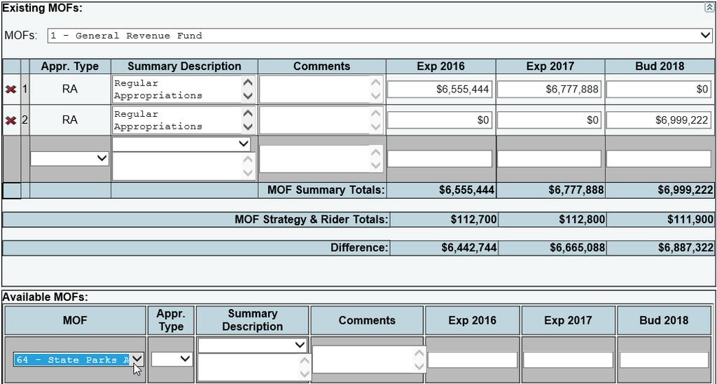 Type, and Summary Description from each respective drop-down list. Enter Comments and the dollar amounts for each fiscal year and click Save.