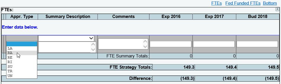 Select an Appr. Type and Summary Description from the drop-down lists, as shown below. Enter Comments and the FTEs for each fiscal year and click Save.