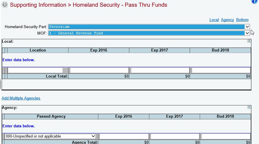 LOCAL FUNDS Enter the data in the Local grid if your agency passes homeland security funds through to local