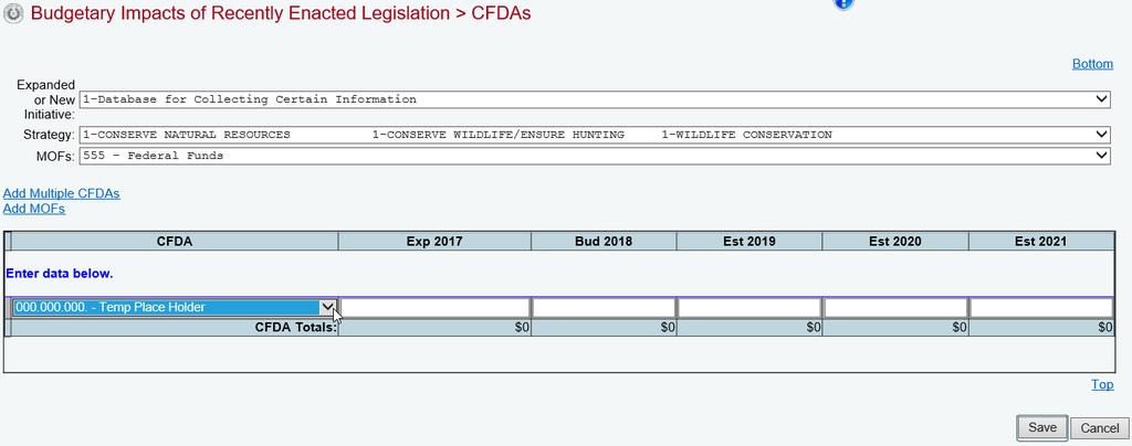 Federal Funds related MOF from the MOFs drop-down box, click on the applicable CFDA number from the CFDA drop-down box (as shown below), and enter dollars for each