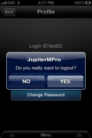 3. Profile screen appears. Tap Logout. Tap Logout Figure 9. Jupiter MPro: Profile - Logout 4.