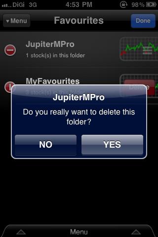 Figure 42. Jupiter MPro: Delete Favourites folder confirmation 13. Tap YES to confirm the deletion. Screen displays the selected Favourites folder removed from the list. 14.