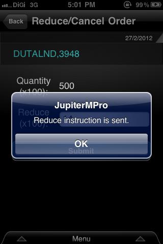 Jupiter MPro: Successfully Sent Reduce Instruction Order screen 11.