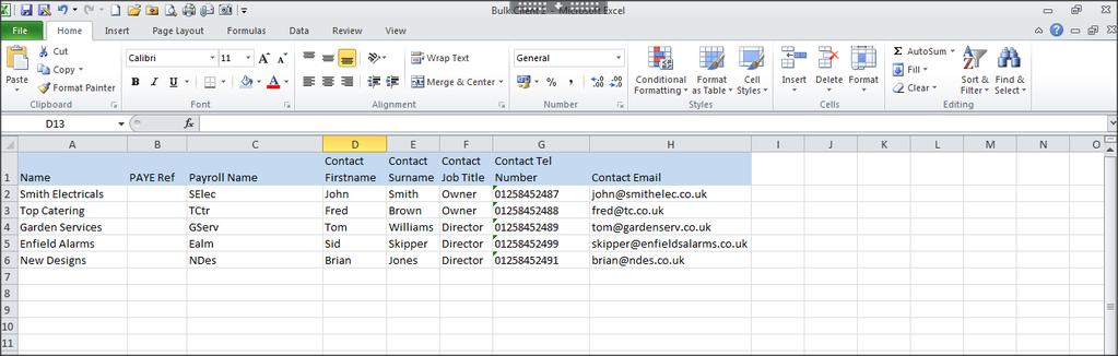 Clients can also be added in bulk by uploading a csv file (see below example) When uploading a bulk