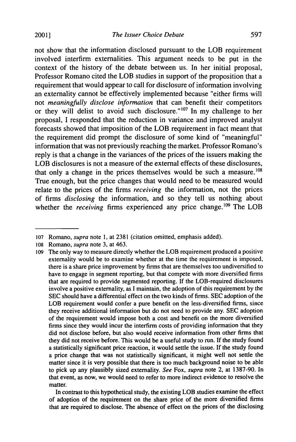 2001] The Issuer Choice Debate not show that the information disclosed pursuant to the LOB requirement involved interfirm externalities.