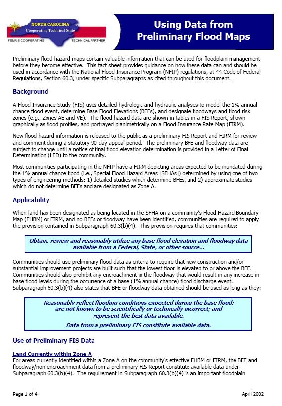 USE OF PRELIMINARY DATA Best Available Data Fact Sheet Available online at www.ncfloodmaps.com/fact_ sheets.