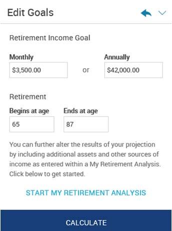 Provides the answer to how much your account is likely to yield each month in retirement Compares your projected monthly income to your retirement income goal,